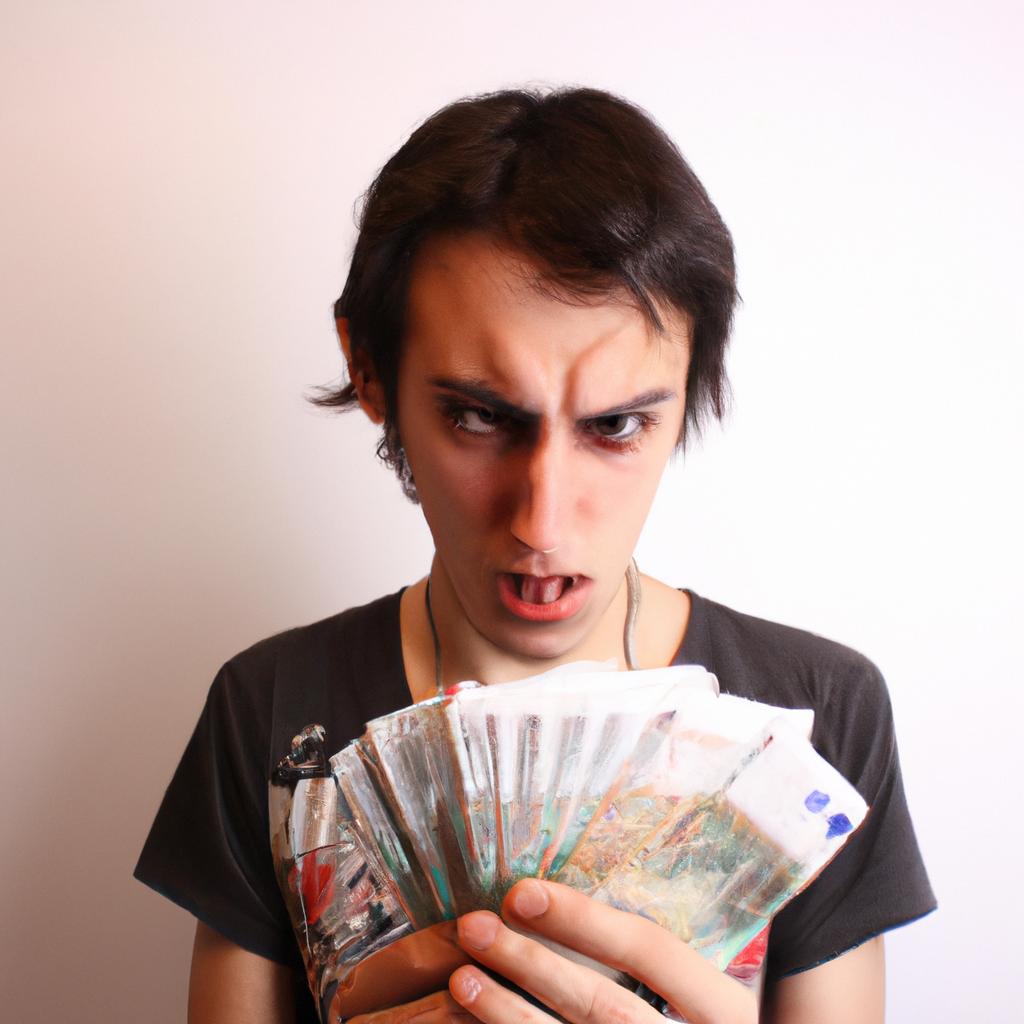 Person holding money, looking stressed