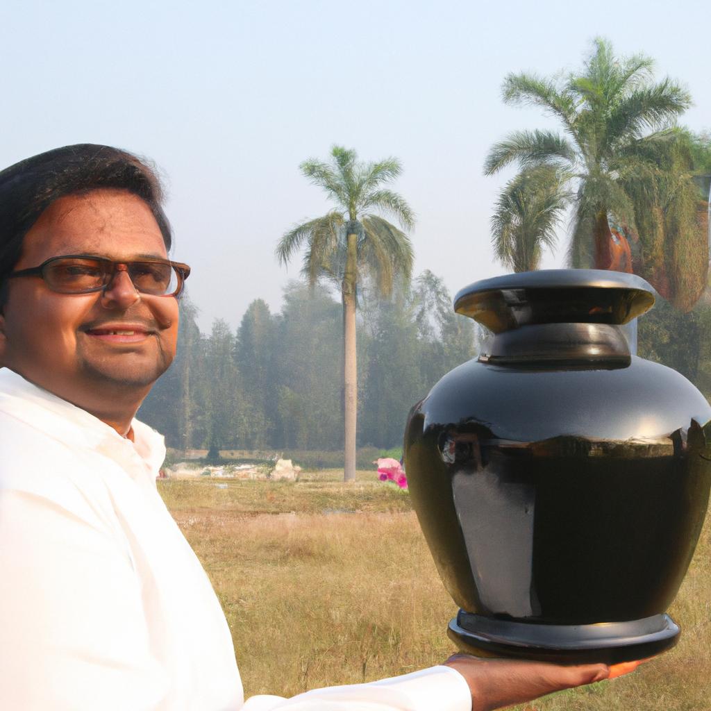 Person holding cremation urn, smiling