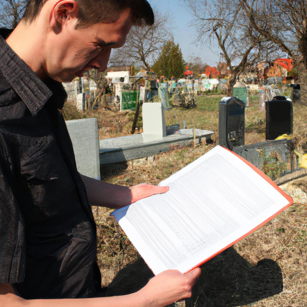 Person reading cemetery regulations document