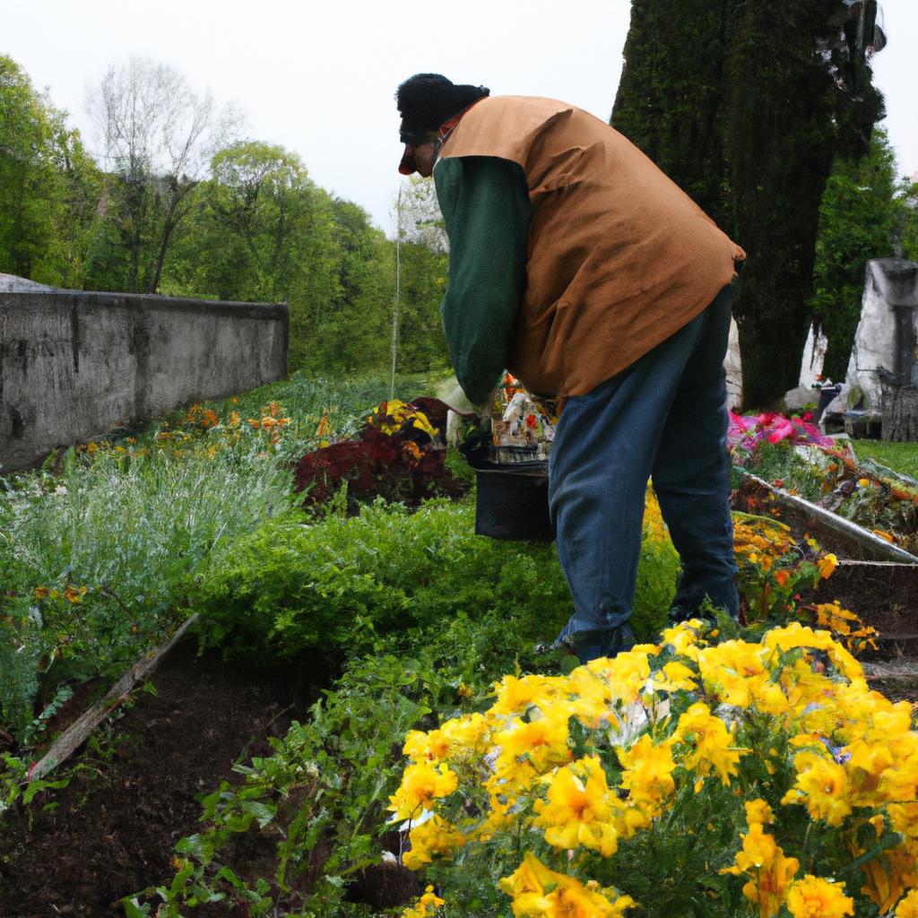Person tending flowerbeds in cemetery