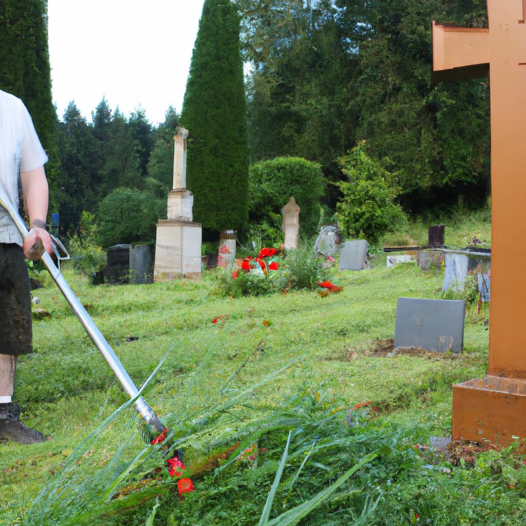 Person trimming cemetery grass