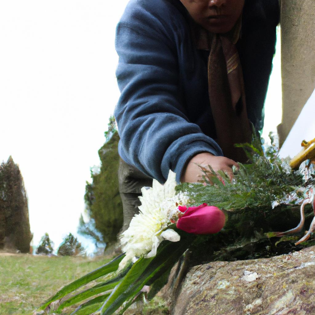 Person placing flowers on gravestone