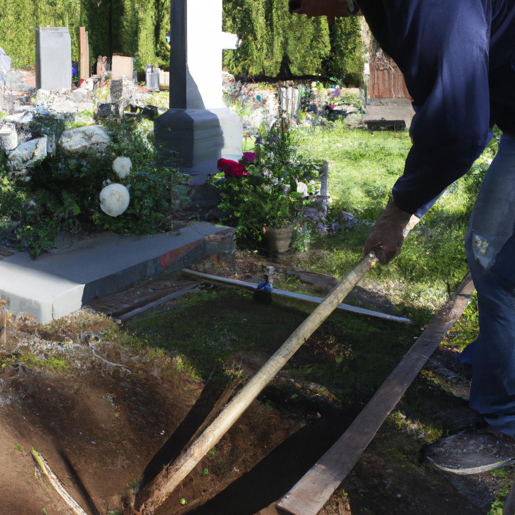 Person tending gravesite with tools