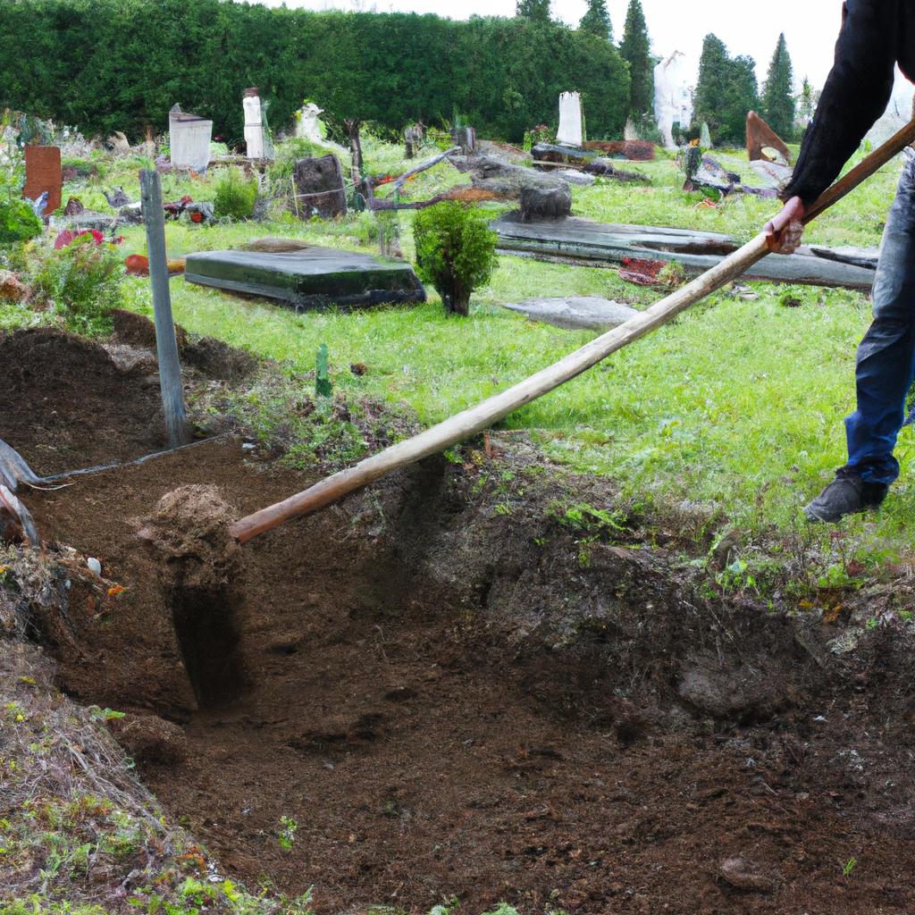 Person digging graves in cemetery