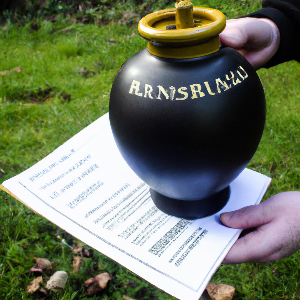 Person holding urn, reading regulations