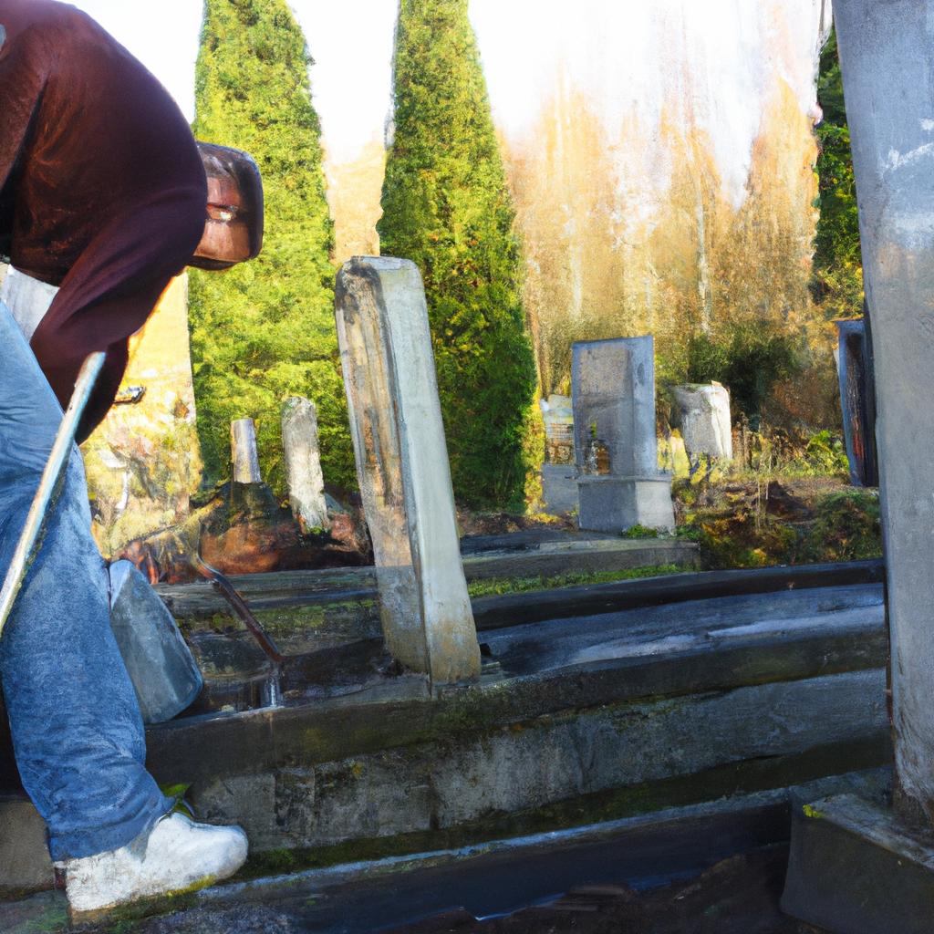 Person cleaning tombstones in cemetery