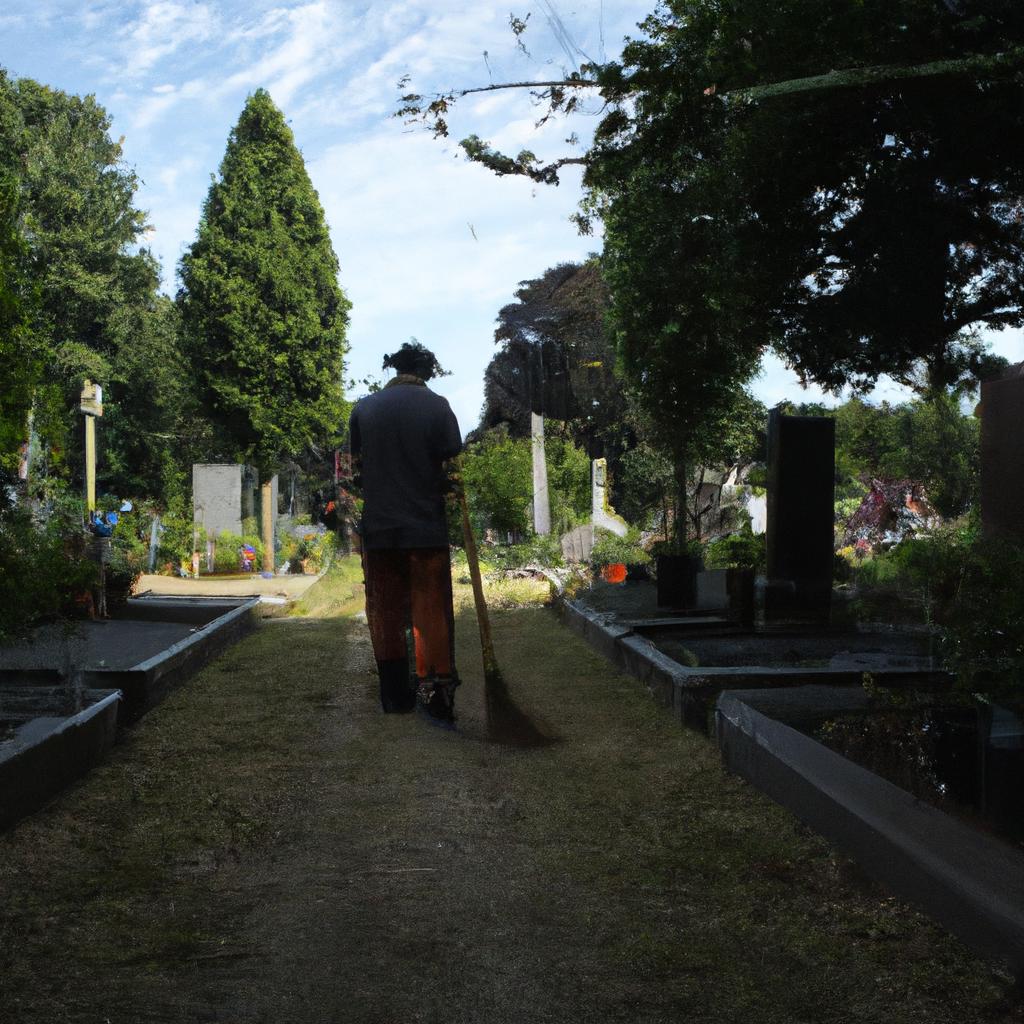 Person tending to cemetery grounds