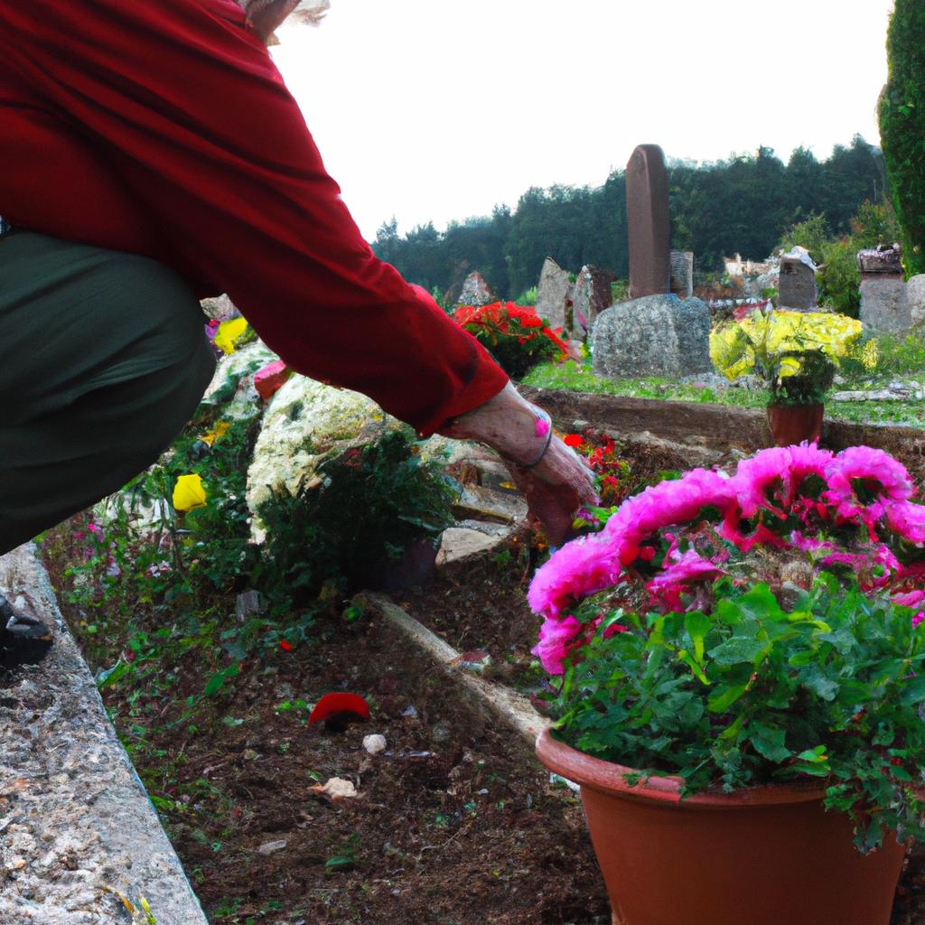 Person planting flowers in cemetery